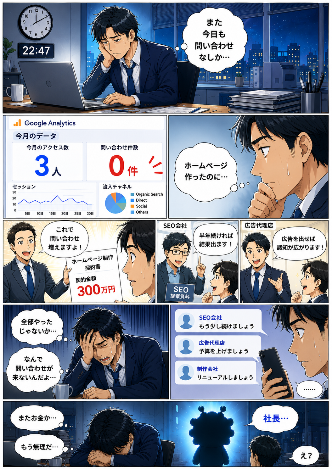 ホームページを作ったのに問い合わせが来ず頭を抱える社長を描いたマンガ