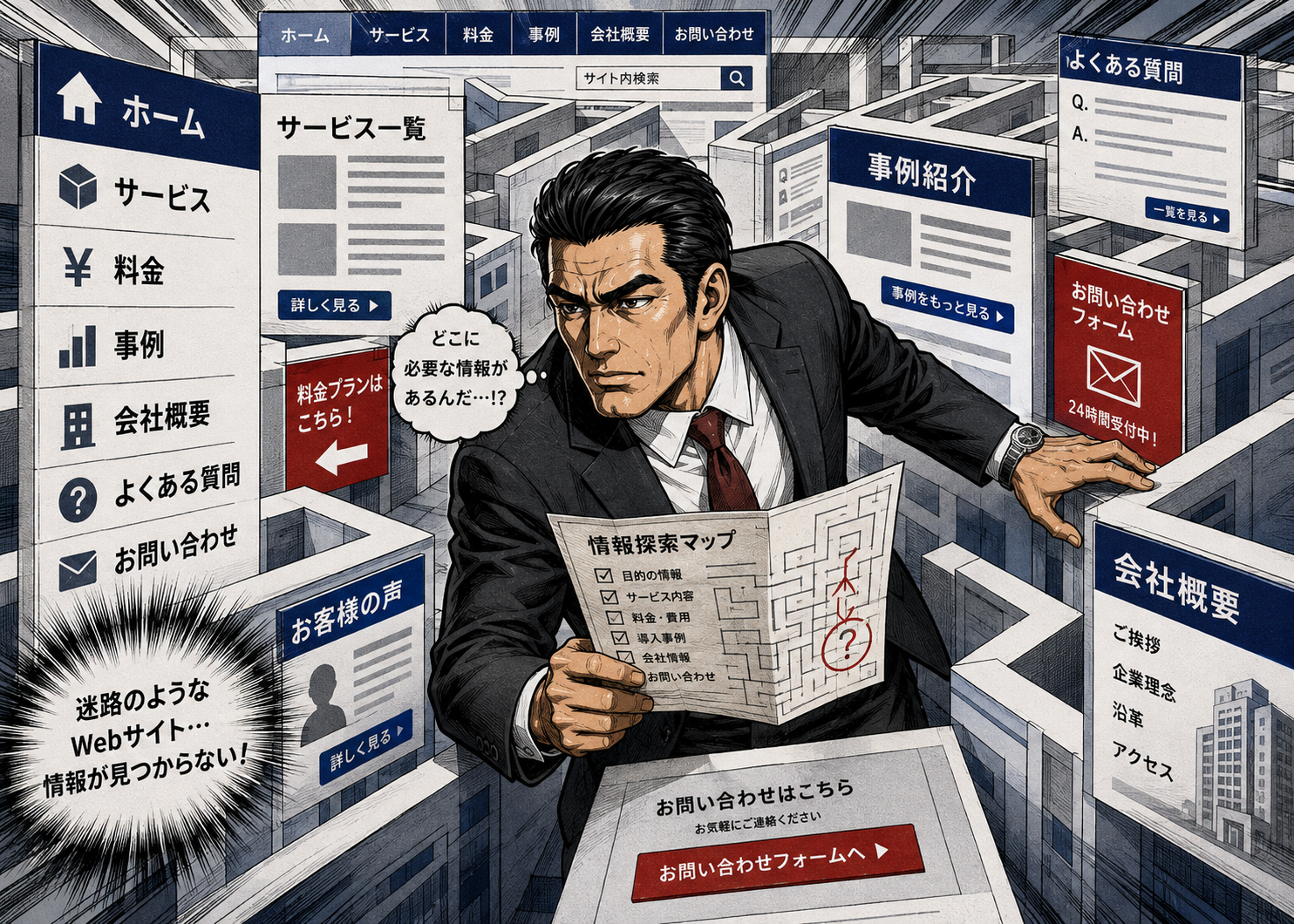 情報が分散したホームページの中で必要な答えを探している神崎恒一