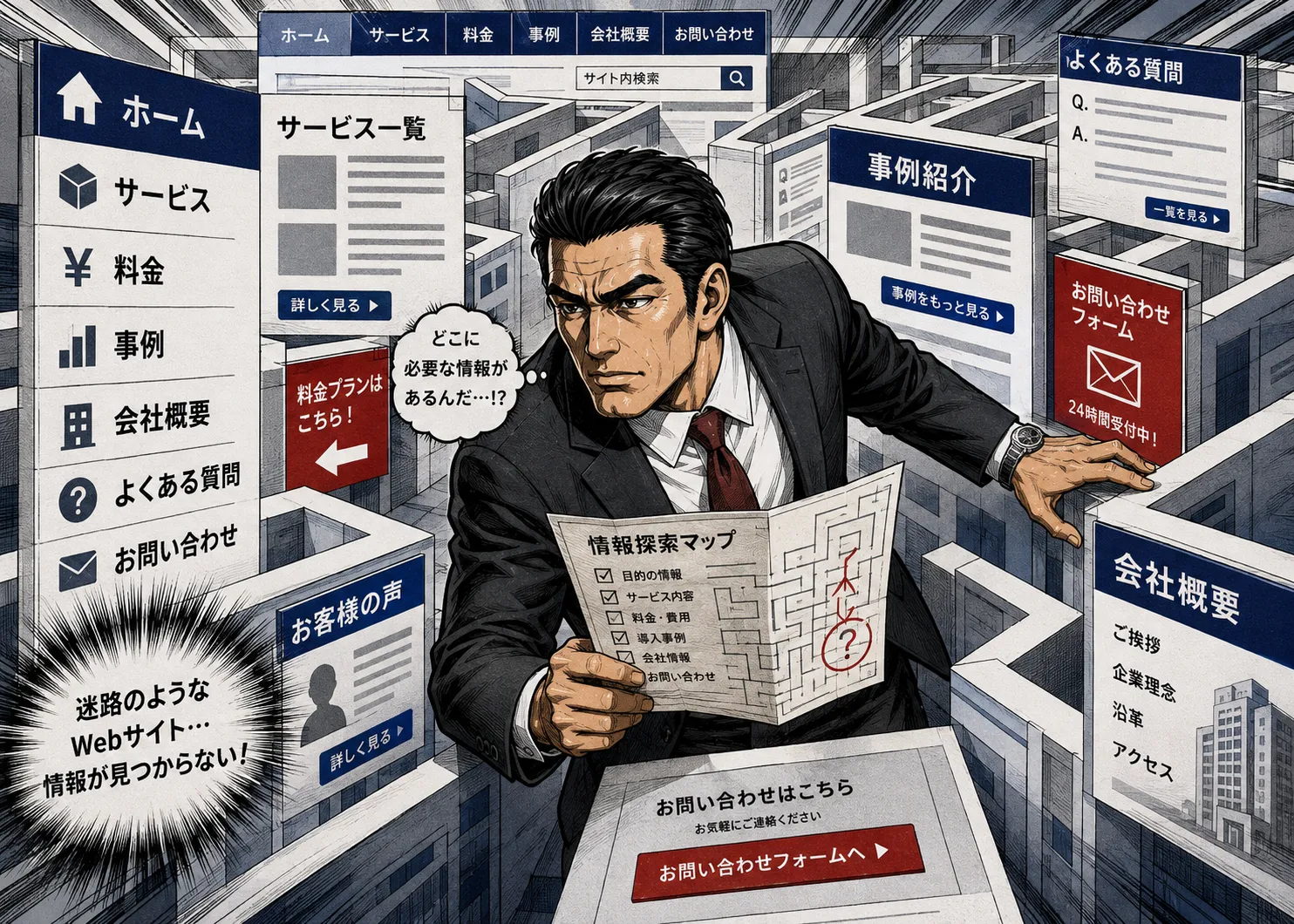 情報が分散したホームページの中で必要な答えを探している神崎恒一