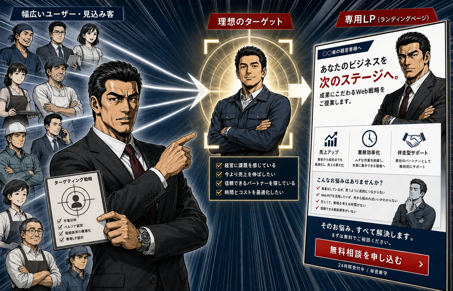 複数の見込み客の中から一人へ焦点を絞り、その人専用のLPを用意する流れ